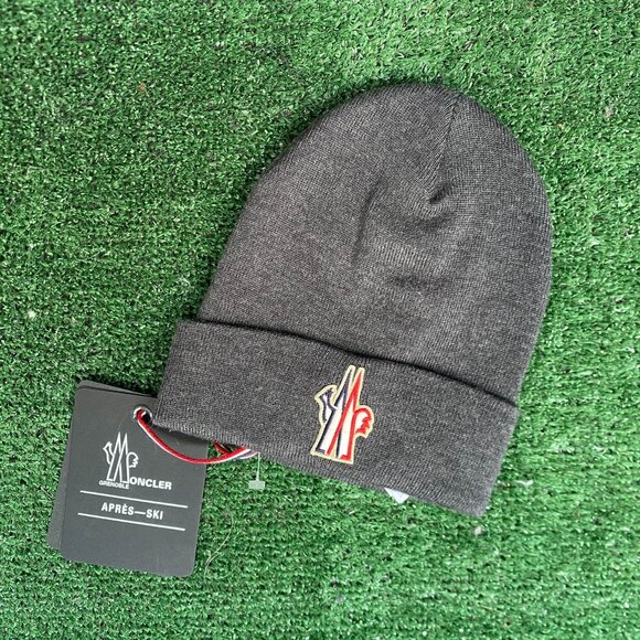 Moncler Grenoble Logo Knit Beanie Gray Virgin Wool Ski Hat